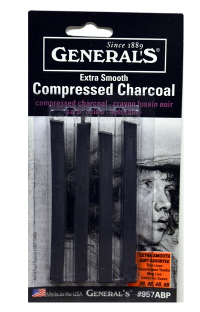 General Compressed Charcoal 4-Pack Stick Set, Black, Assorted