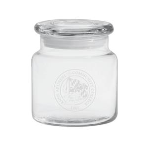 16oz GLASS APOTHECARY JAR W/ ETCHED COLLEGE SEAL