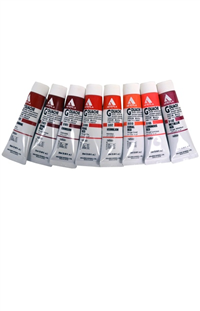 Artist's acrylic polymer emulsion opaque colors. All RED hues! Crimson, Carmine, Wine Red, Pure Red, Vermillion, Luminous Red, M