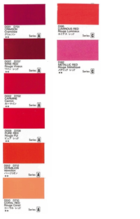 Artist's acrylic polymer emulsion opaque colors. All RED hues! Crimson, Carmine, Wine Red, Pure Red, Vermillion, Luminous Red, M